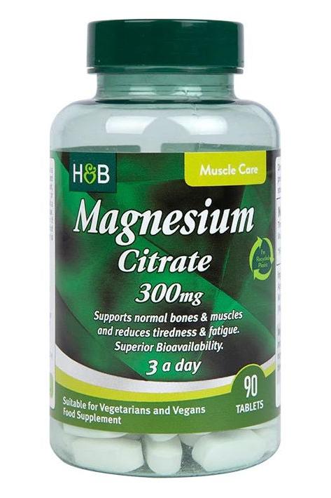 Holland & Barrett Magnesium Citrate 300mg supplement bottle, 90 tablets for bone and muscle health.
