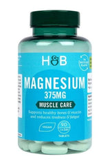Holland & Barrett Magnesium 375mg supplement bottle for healthy bones and muscles, 90 vegan tablets, supports muscle care.