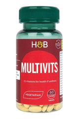 Holland & Barrett Multivits bottle featuring 13 essential vitamins for health and wellness, vegetarian-friendly.