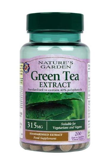 Nature's Garden Green Tea Extract 315mg tablets, 200 count, suitable for vegetarians and vegans.