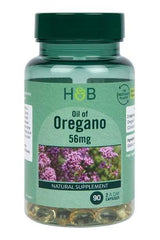 Holland & Barrett Oil of Oregano 56mg capsules, 90 count, natural dietary supplement in a recyclable container.