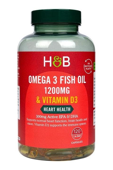 Holland & Barrett Omega 3 Fish Oil 1200mg & Vitamin D3 supplement bottle promoting heart health.