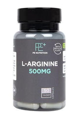 Holland & Barrett PE Nutrition L-Arginine 500mg supplement bottle with 50 capsules.