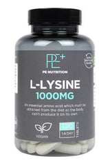 Holland & Barrett PE Nutrition L-Lysine 1000mg vegan tablet bottle, 120 tablets for essential amino acid support.
