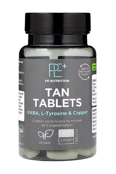Holland & Barrett PE Nutrition Tan Tablets bottle promoting skin pigmentation, vegan-friendly, containing PABA, L-Tyrosine, and copper.