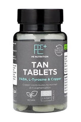 Holland & Barrett PE Nutrition Tan Tablets bottle promoting skin pigmentation, vegan-friendly, containing PABA, L-Tyrosine, and copper.