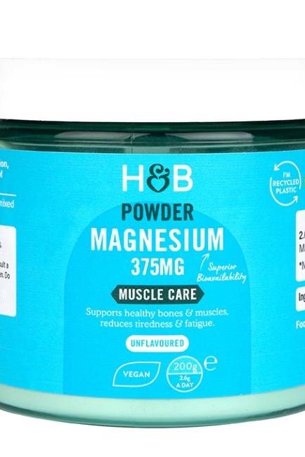 Holland & Barrett Powder Magnesium 375mg, supports healthy bones and muscles, unflavoured, vegan.