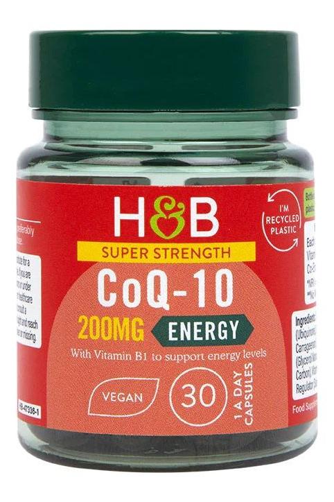Holland & Barrett Super Strength CoQ-10 200mg energy capsules in a recyclable container, vegan formula, 30-day supply.