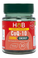Holland & Barrett Super Strength CoQ-10 200mg energy capsules in a recyclable container, vegan formula, 30-day supply.