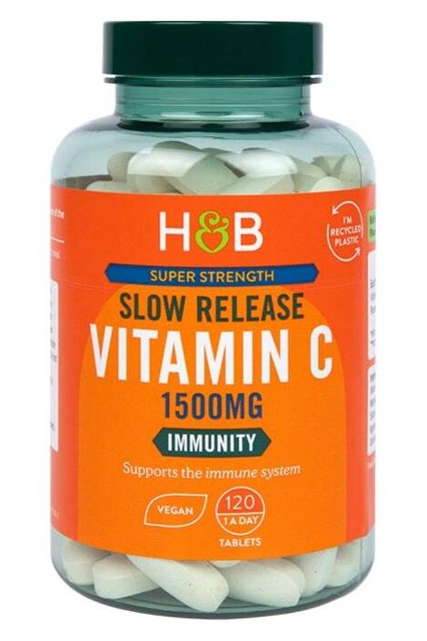 Holland & Barrett Super Strength Slow Release Vitamin C 1500mg tablets, supports immune system, vegan, 120 count.
