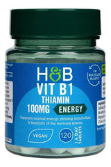 Holland & Barrett Vit B1 Thiamin 100mg supplement bottle, supports energy metabolism and nerve function, vegan-friendly.
