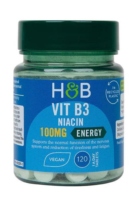 Holland & Barrett Vit B3 niacin 100mg energy supplement for nervous system support, vegan-friendly, 120 tablets.