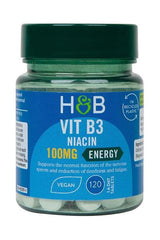 Holland & Barrett Vit B3 niacin 100mg energy supplement for nervous system support, vegan-friendly, 120 tablets.