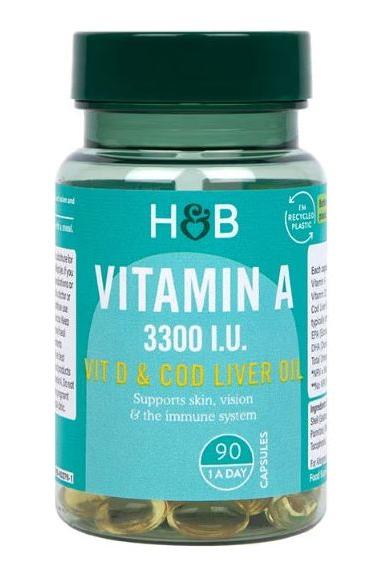 Holland & Barrett Vitamin A 3300 I.U soft gel capsules for skin, vision, and immune support.