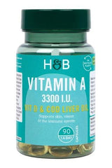 Holland & Barrett Vitamin A 3300 I.U soft gel capsules for skin, vision, and immune support.