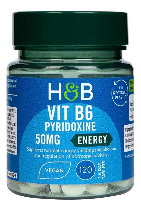 Holland & Barrett Vitamin B6 50mg bottle for energy support and hormonal regulation, vegan-friendly, 120 tablets.