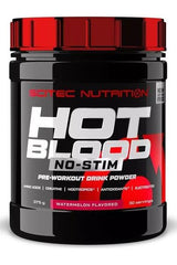 HOT BLOOD NO-STIM pre-workout powder by SOTEC NUTRITION in watermelon flavor, stimulant-free formula.
