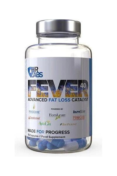HR Labs Fever 40 fat loss catalyst supplement bottle with blue capsules for weight loss and increased metabolism.