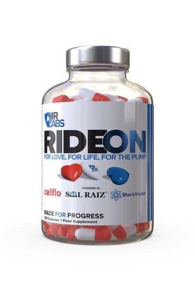 HR Labs Ride On supplement bottle with red and blue capsules for cardiovascular health and muscle recovery.