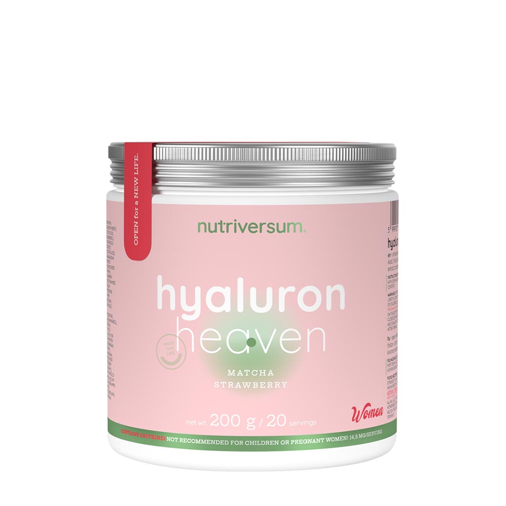 Nutriversum Hyaluron Heaven supplement jar with matcha and strawberry flavors, promoting skin and hair health.