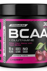 Hype BCAA + Glutamine supplement jar, cherry flavor, promotes muscle recovery and performance.