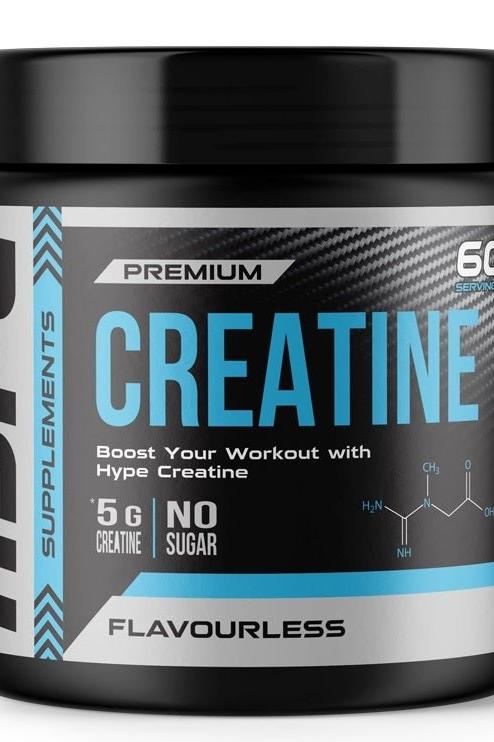 Hype Creatine 300g supplement container, featuring 5g creatine per serving, sugar-free, and flavorless.