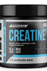 Hype Creatine 300g supplement container, featuring 5g creatine per serving, sugar-free, and flavorless.