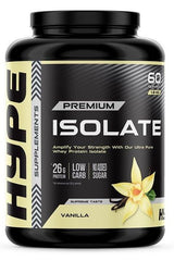 Hype Isolate Protein Vanilla, 26g protein, low carb, no added sugar, 1.8 kg tub, premium whey isolate supplement.