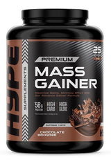 Hype Mass Gainer supplement container with chocolate brownie flavor, high protein, and calorie content for muscle gain.