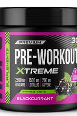 Hype Pre-Workout Xtreme supplement jar with blackcurrant flavor, featuring 2800mg Beta-Alanine, 1500mg L-Citrulline.