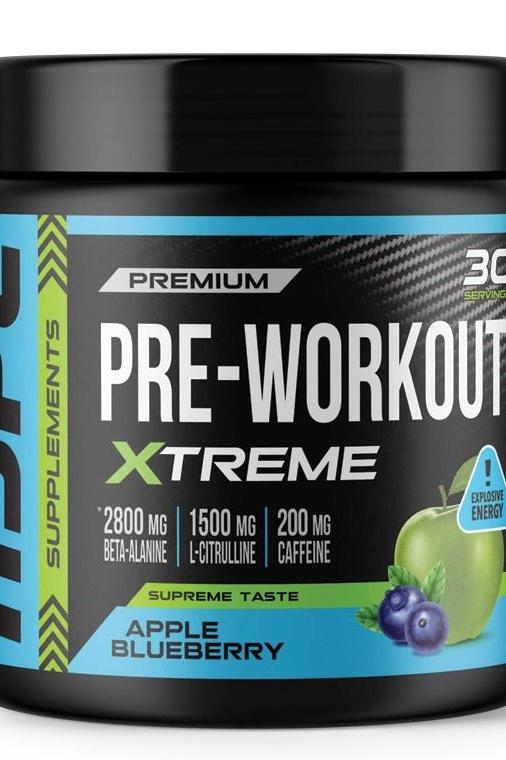 Hype Pre-Workout Xtreme in Apple Blueberry flavor, featuring active ingredients for energy and focus.