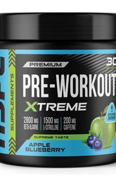 Hype Pre-Workout Xtreme in Apple Blueberry flavor, featuring active ingredients for energy and focus.
