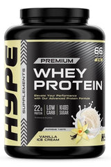 Hype Whey Protein supplement jar, 2 kg, vanilla ice cream flavor, 22g protein per serving, low carb, no added sugar.