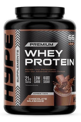 Hype Premium Whey Protein chocolate milkshake flavor, 2 kg tub, 21g protein, low carb, no added sugar.