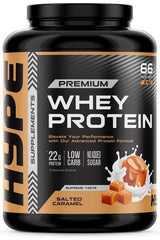 Hype Premium Whey Protein in Salted Caramel flavor, 2 kg, with 22g protein per serving, low carb and no added sugar.