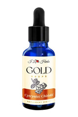 I Love Herbs Gold Drops Schisandra herbal supplement in a blue dropper bottle, 50 ml.