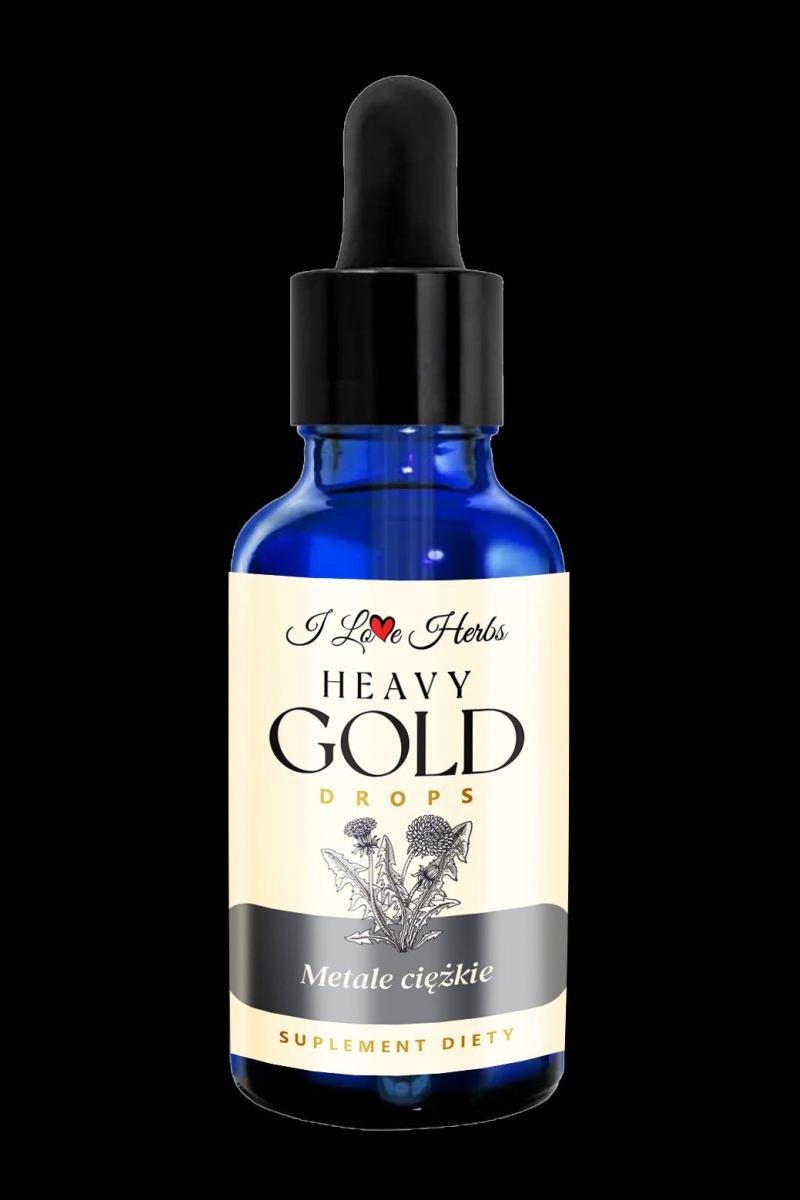 I Love Herbs Heavy Gold Drops 50ml bottle for detoxifying heavy metals with herbal extracts.