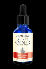 I Love Herbs Kidney Gold Drops in a blue glass bottle for kidney and urinary bladder support.