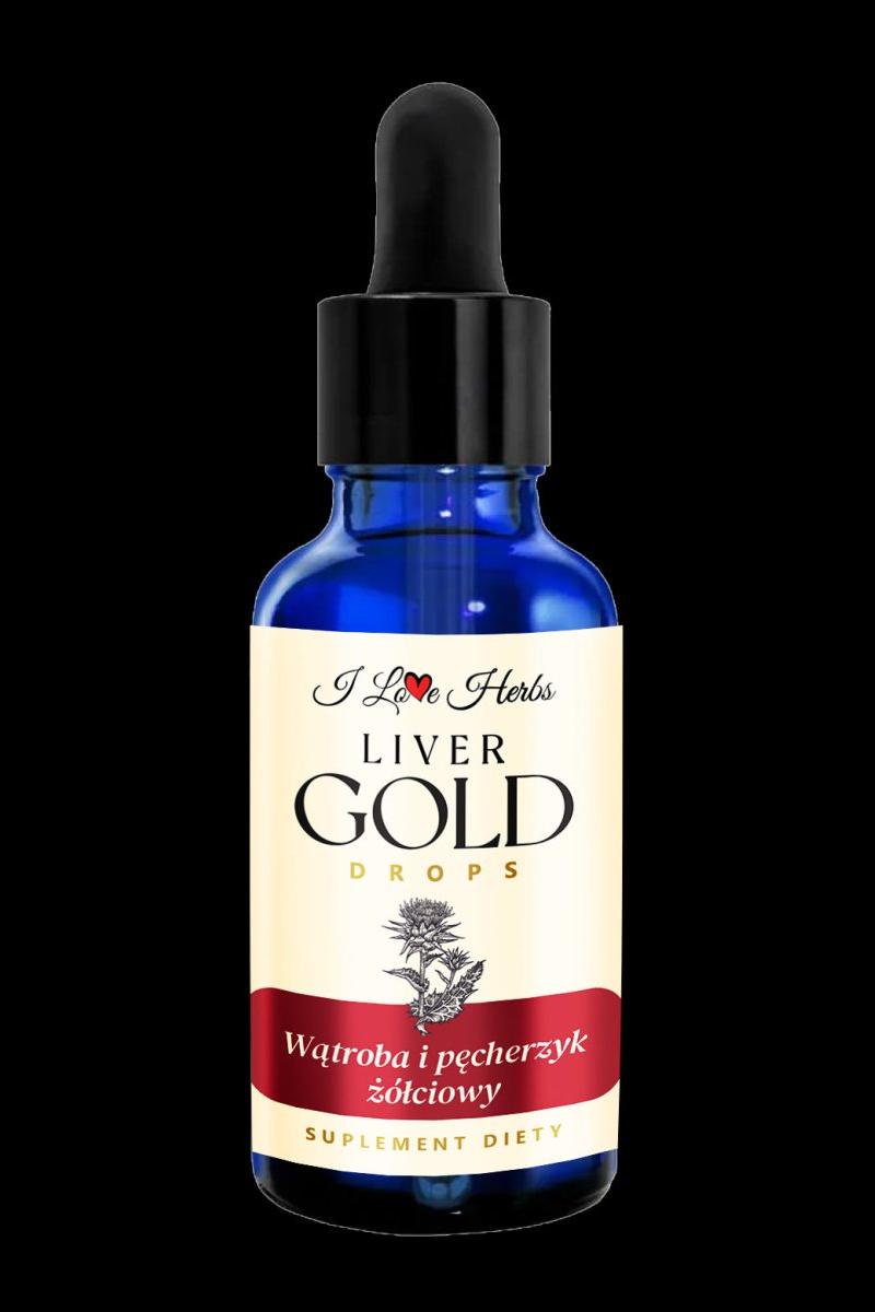 I Love Herbs Liver Gold Drops in a blue glass bottle for liver support and digestion, 50 ml