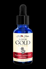 I Love Herbs Liver Gold Drops in a blue glass bottle for liver support and digestion, 50 ml