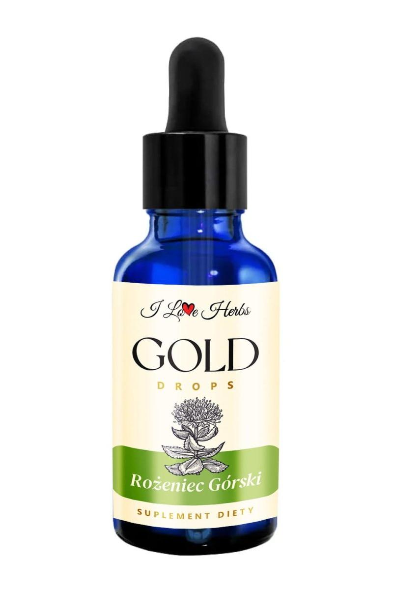 I Love Herbs Gold Drops with Rhodiola Rosea, 50 ml herbal supplement for stress and heart health.