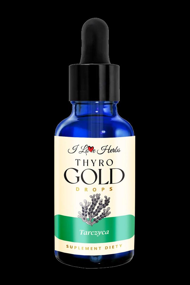 THYRO Gold Drops from I Love Herbs in a blue dropper bottle, a herbal supplement for thyroid support.