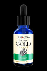 THYRO Gold Drops from I Love Herbs in a blue dropper bottle, a herbal supplement for thyroid support.