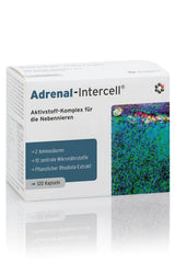 Adrenal-Intercell dietary supplement box with 120 capsules, designed to support adrenal balance and stress management.