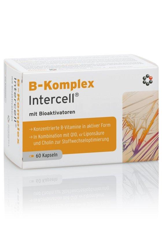 Intercell Pharma B-Complex supplement box with 60 capsules for optimized metabolism and energy.