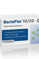BactoFlor 10/20 probiotic supplement box with 100 capsules, containing 10 strains and 20 billion active bacteria.