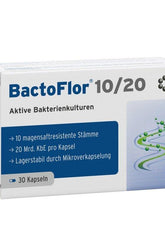 BactoFlor 10/20 probiotic supplement packaging, contains 10 beneficial strains and 20 billion active bacteria.