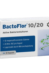 BactoFlor 10/20 probiotic supplement packaging, contains 10 beneficial strains and 20 billion active bacteria.