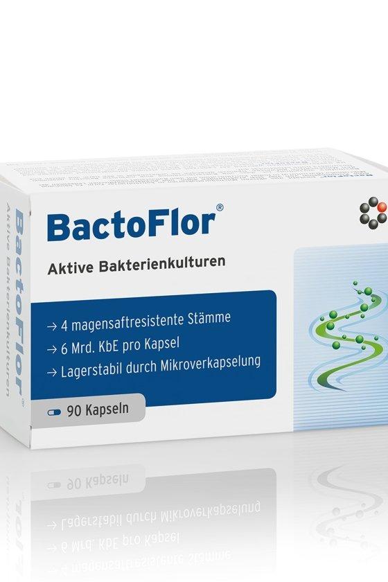 Bactoflor probiotic supplement packaging, 90 capsules, promoting digestive health and a balanced intestinal flora.