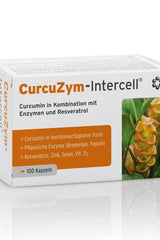 CurcuZym-Intercell product box featuring curcumin with enzymes and resveratrol, promoting health and digestion.